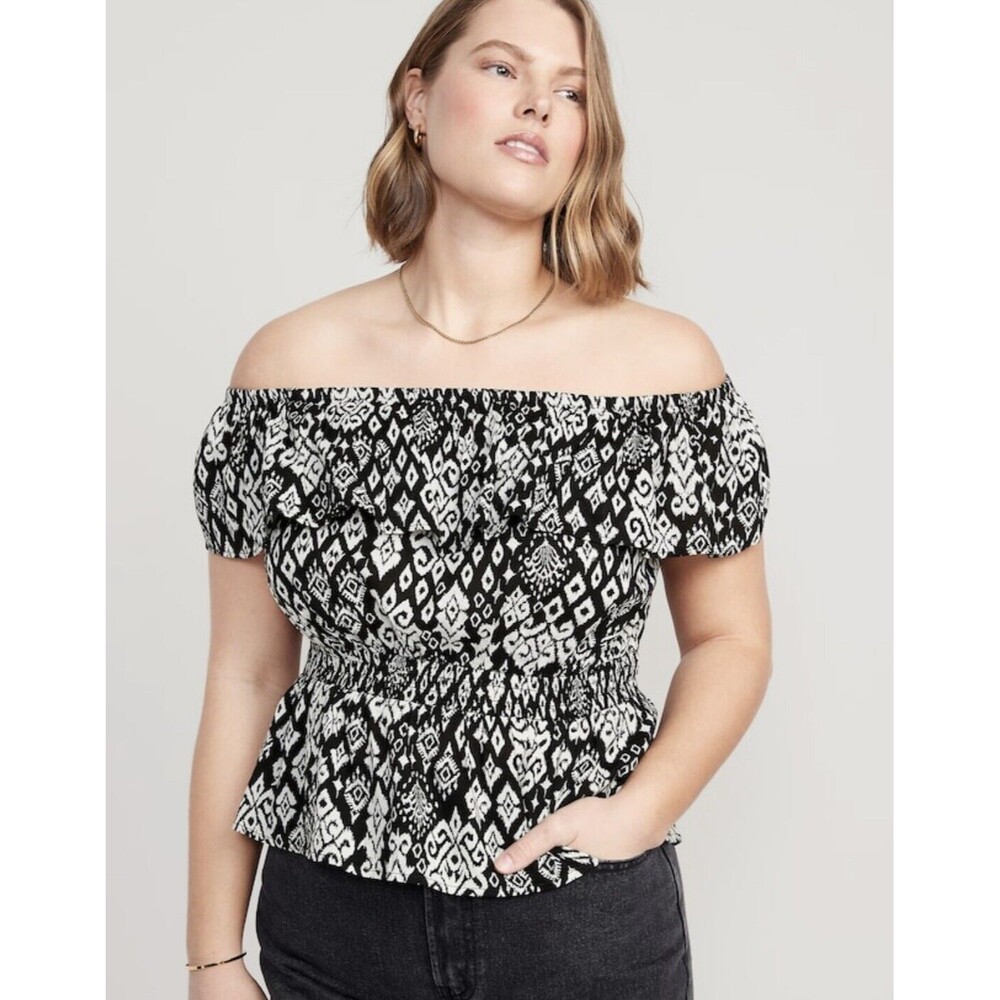 NWT Old Navy Off the Shoulder Waist Defined Smocked Black White Blouse Size XL